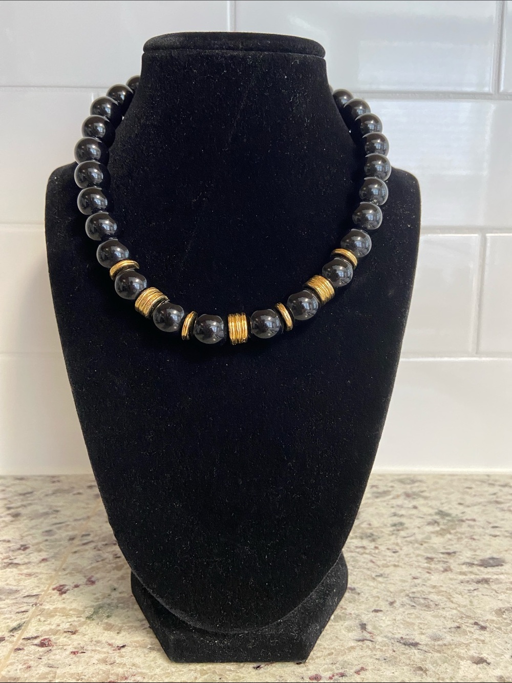 Vintage 1980's Black Acrylic Lightweight Beaded Princess Length Necklace 3751